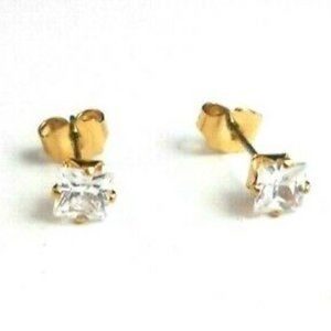 Princess Style CZ pierced Earrings Studs - Goldtone